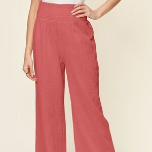 NWT Double Take Full Size Texture Smocked Waist Wide Leg Pants